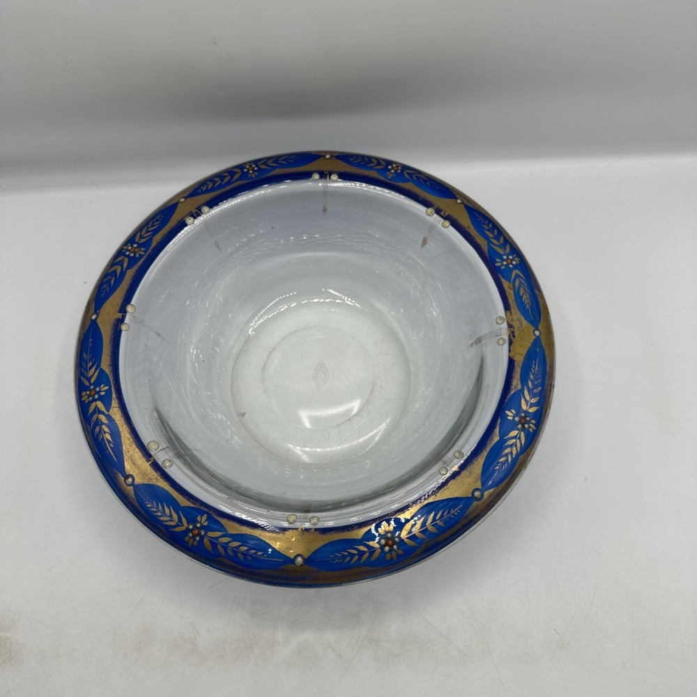 Hensley Glass‎ Company 9" Glass Bowl Blue And Gold Rim With Floral Center
